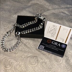GRA Certified Silver Men's Cuban Link Chain Necklace with Sparkling Stones